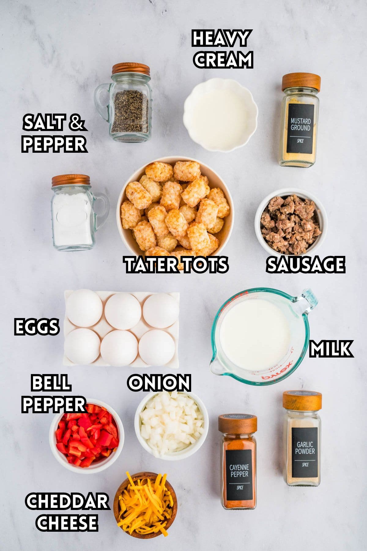 Overhead shot of ingredients needed for a tater tot breakfast casserole.