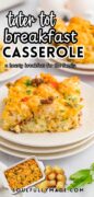 Long image of the tater tot breakfast Casserole plated.