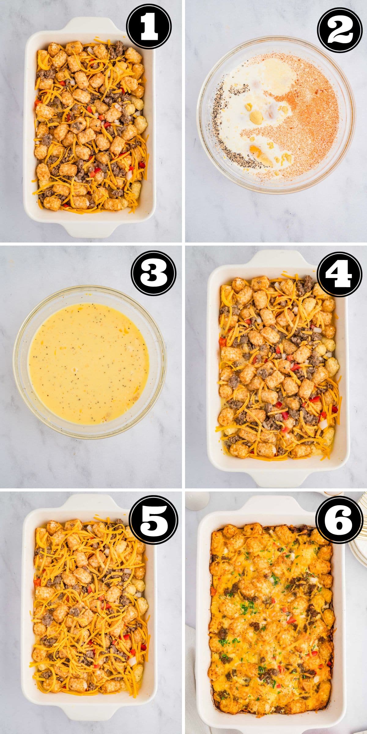 Step by step photos to make tater tot breakfast casserole.