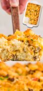 An image only graphic shows a slice of the tater tot casserole being served with a spatula and an imposed image of the whole dish full in the right corner.