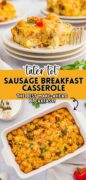 Tater tot sausage breakfast casserole is featured in a 2 image collage.