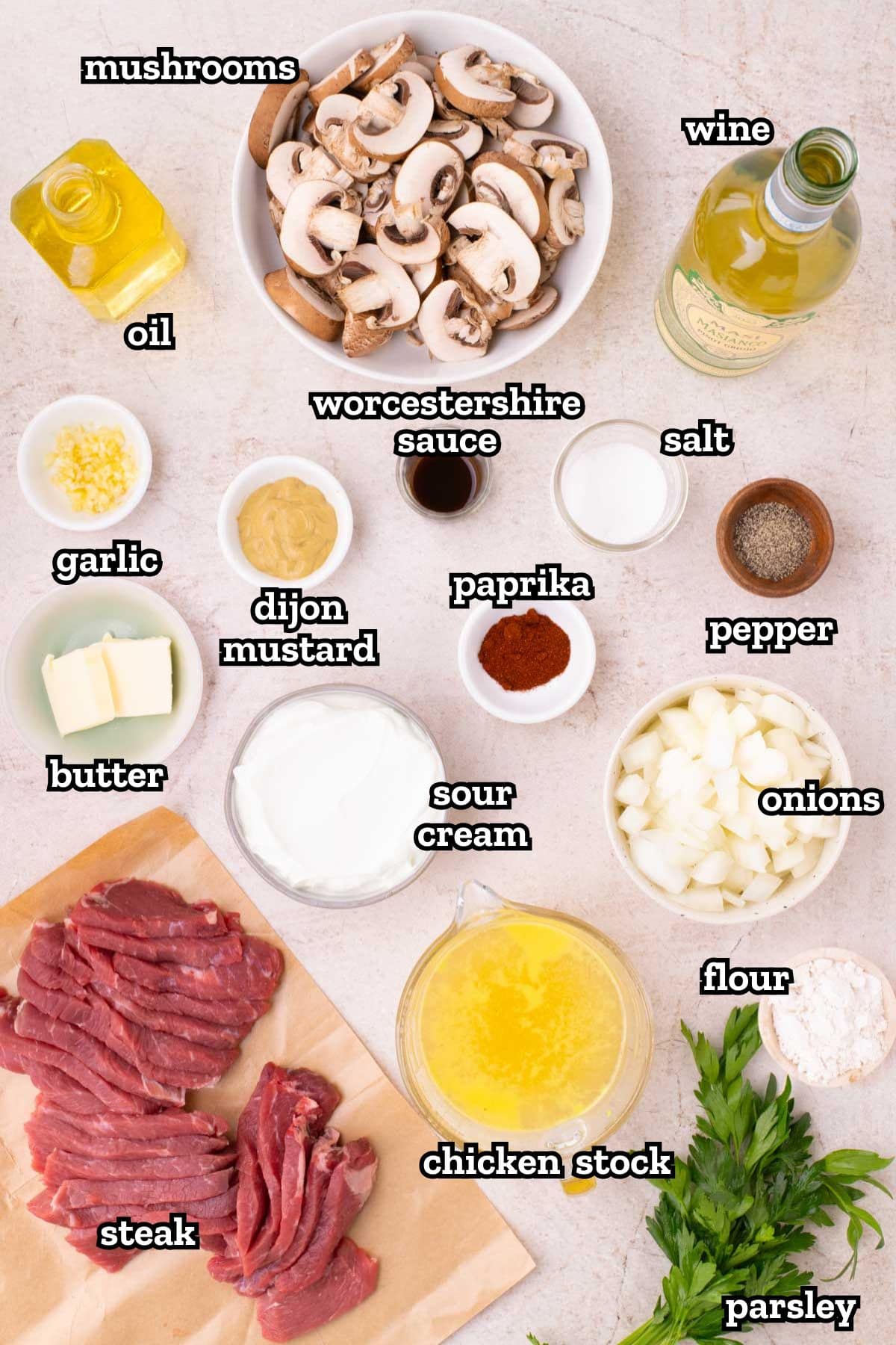 Ingredients needed for beef stroganoff on a kitchen counter.