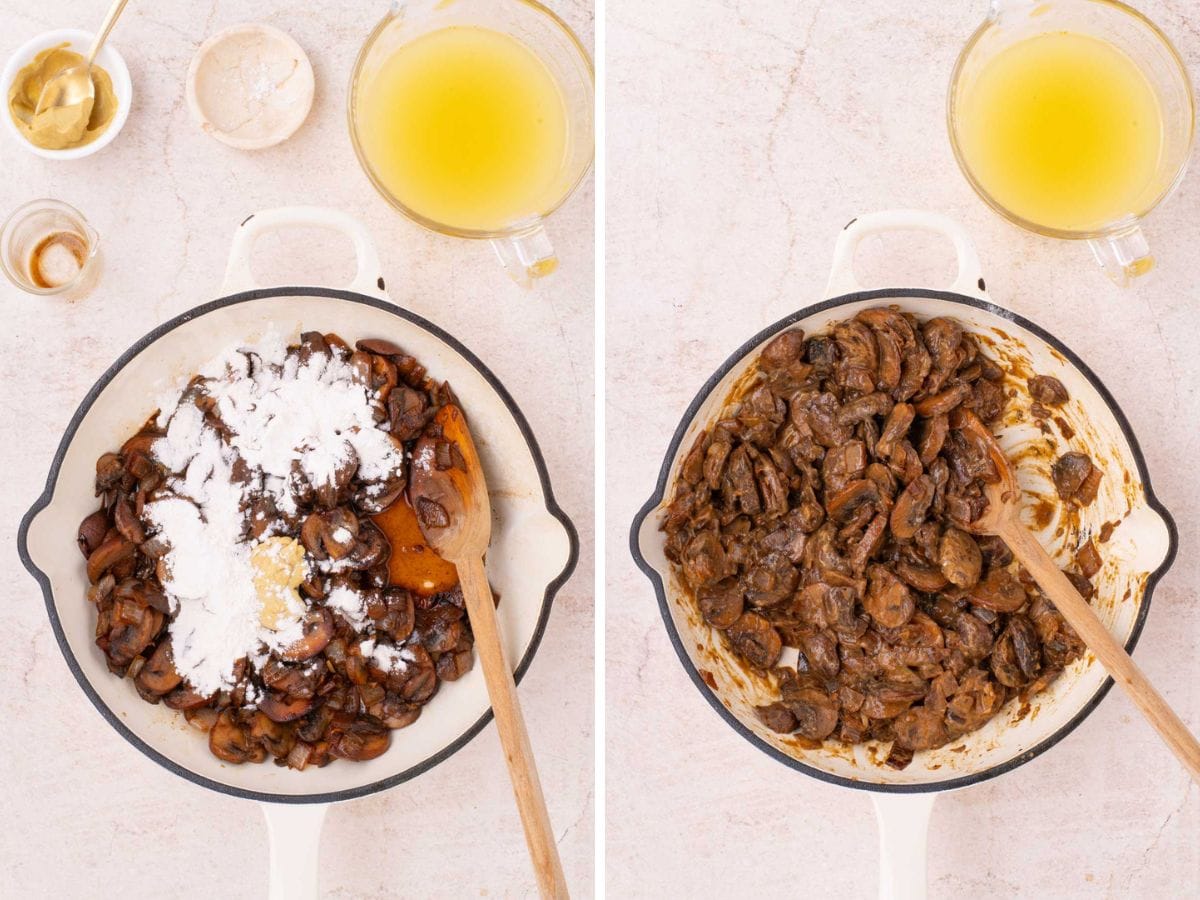 Side by side photos of cooking mushrooms and adding flour to the mixutre.