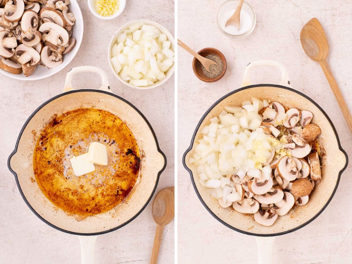 Side by side photos of adding butter to the pan and starting to cook the onions and mushrooms.