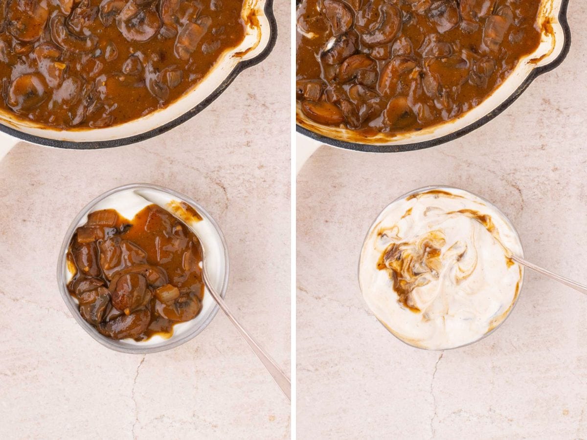 Side by side photos of adding some mushroom mixture to the sour cream and stirring.