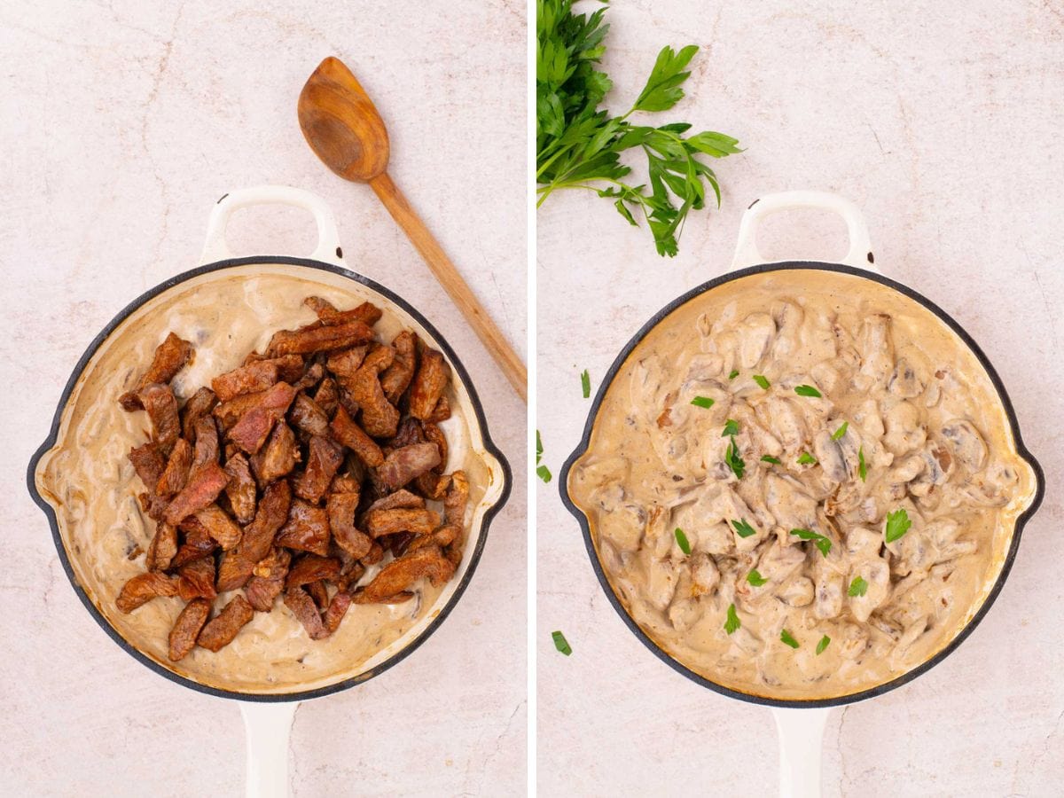 Side by side photos of adding cooked stead to the creamy mushroom mixture.