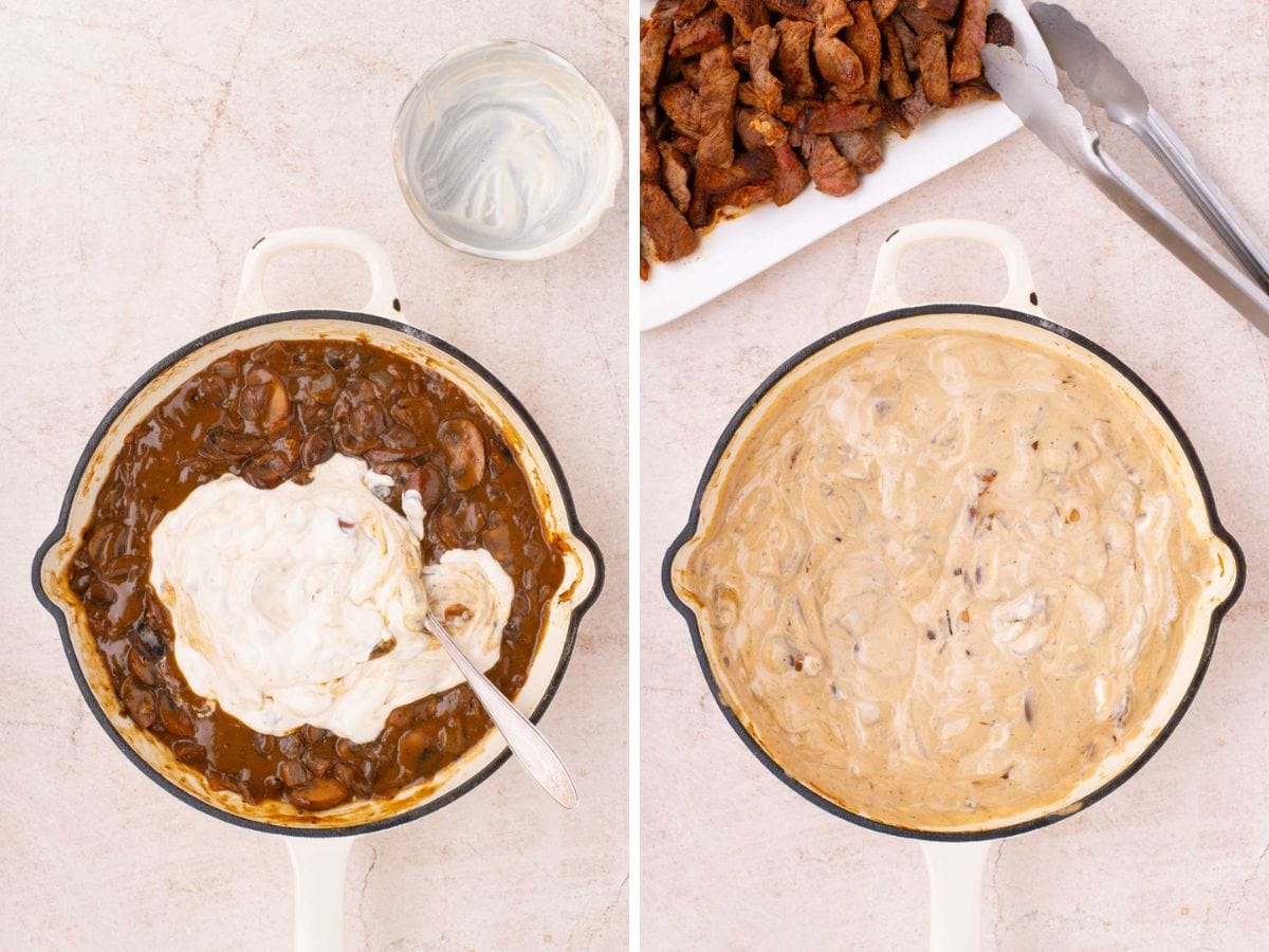 Side by side photos of adding sour cream mixture to the pan of cooked mushrooms.