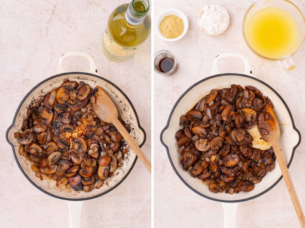 Side by side photos of cooking mushrooms and onions for beef stroganoff.