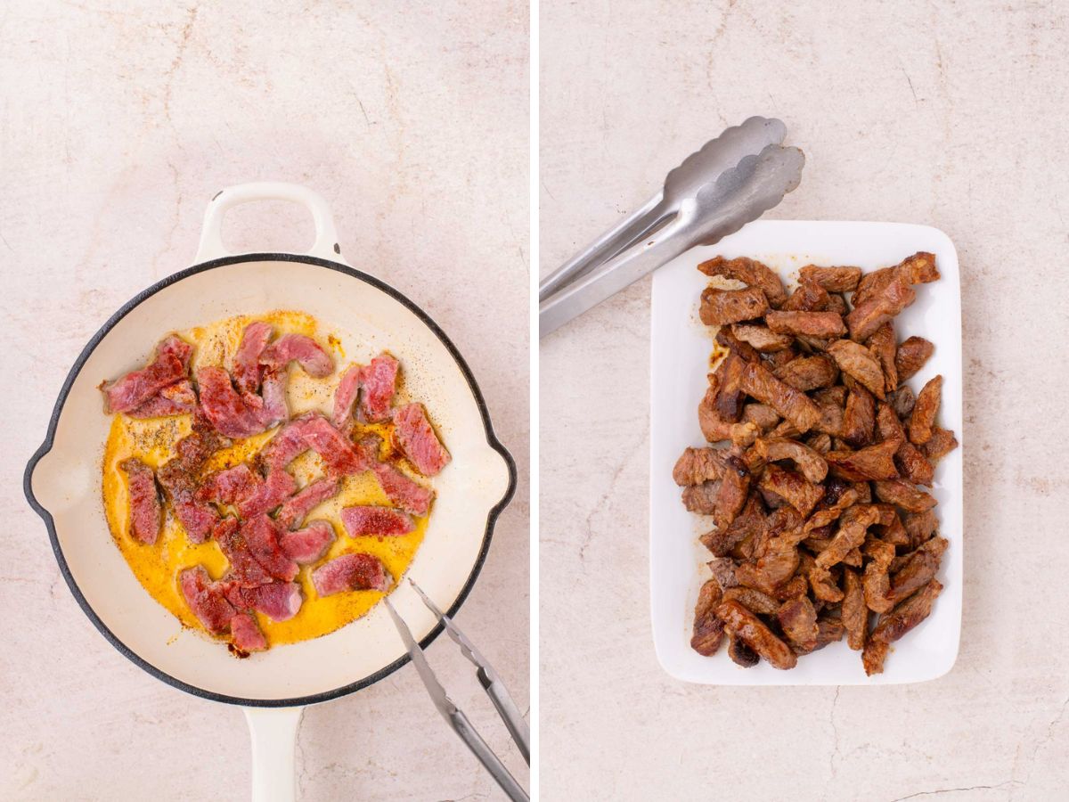 Side by side photos of cooking slices of steak for beef stroganoff.