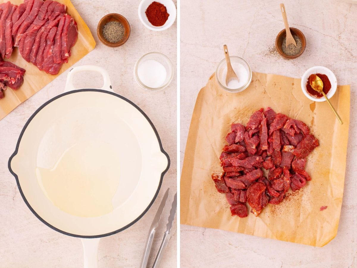 Side by side photos of prepping the steak and seasoning it for beef stroganoff.