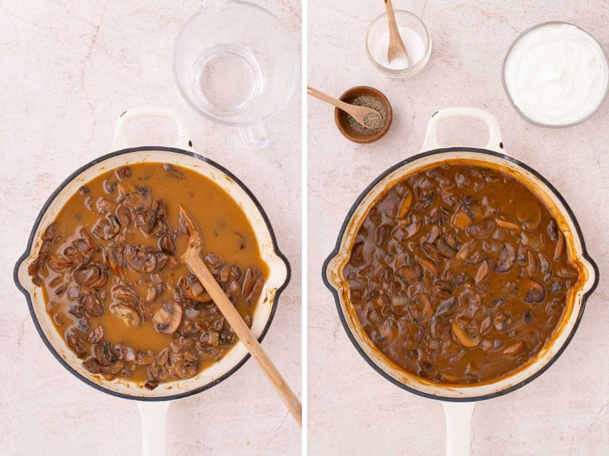 Side by side photos of thickening the mushroom mixture in a skillet.