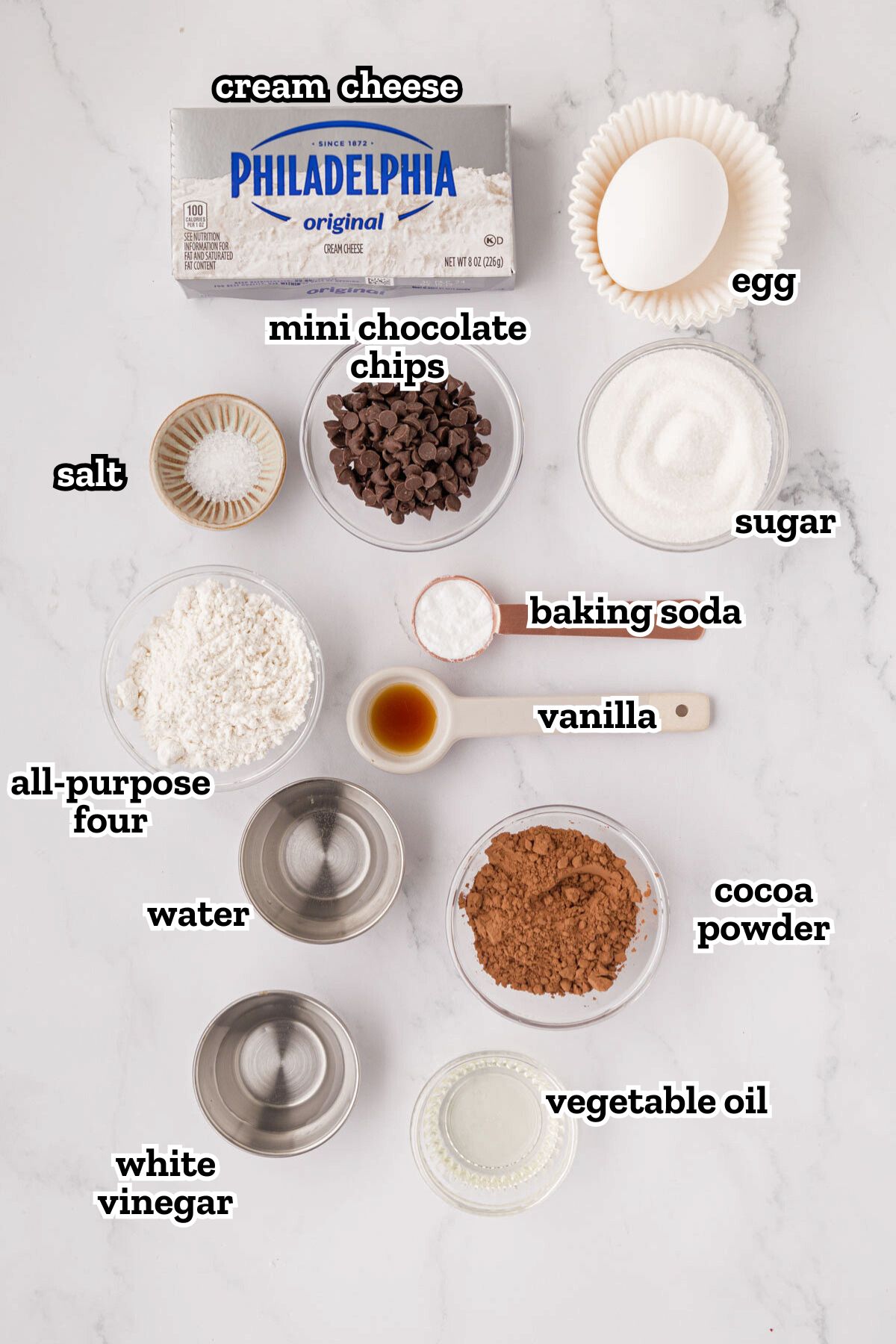 A labeled image of ingredients needed to make cupcakes.