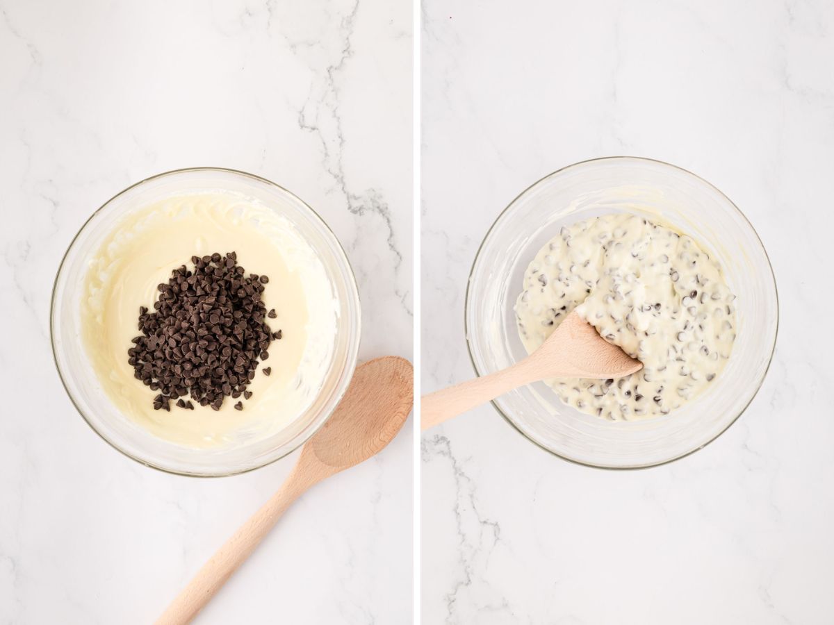 Mini chocolate chips added to the cheesecake mixture in a glass bowl.