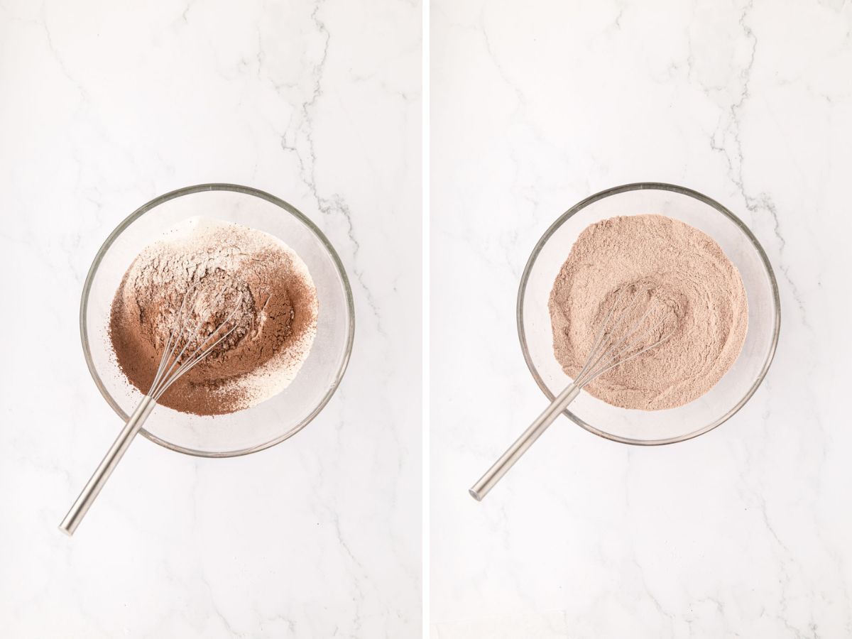 A side-by-side image of a whisk together the dry ingredients and then after they've been combined.