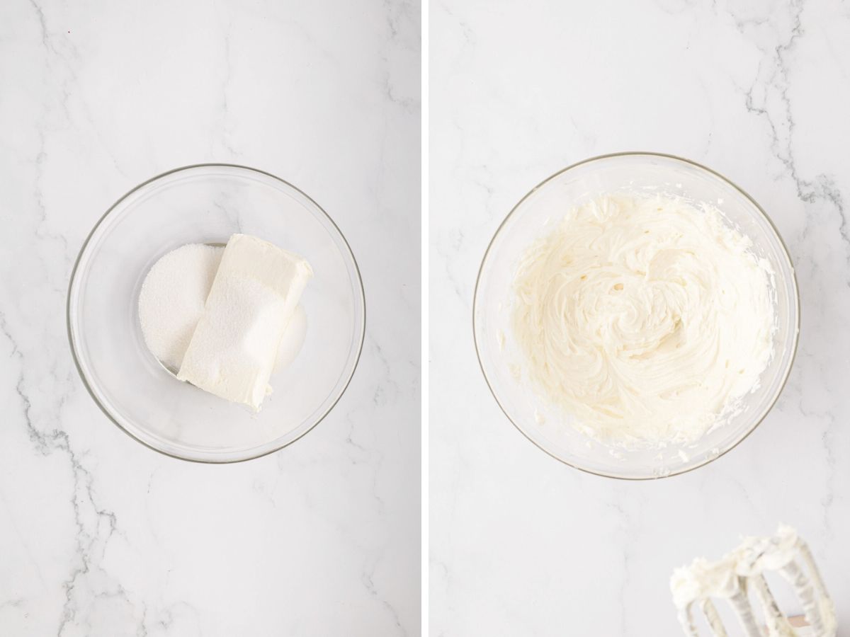 A side-by-side image showing cream cheese and sugar in a bowl and then the mixture beat together with an electric mixer.