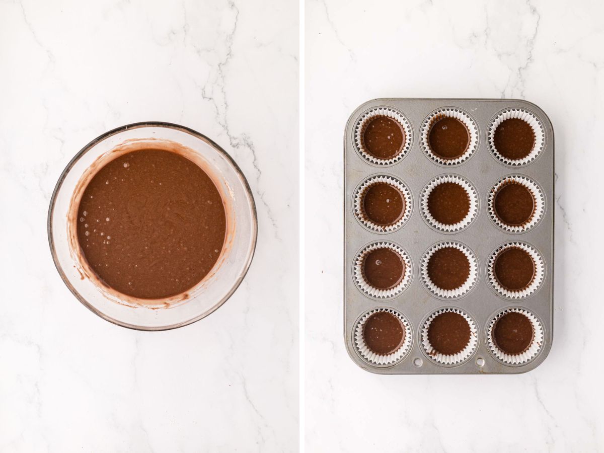 A side-by-side image of a bowl of cupcake batter, and then a muffin tin filled with liners and the batter.