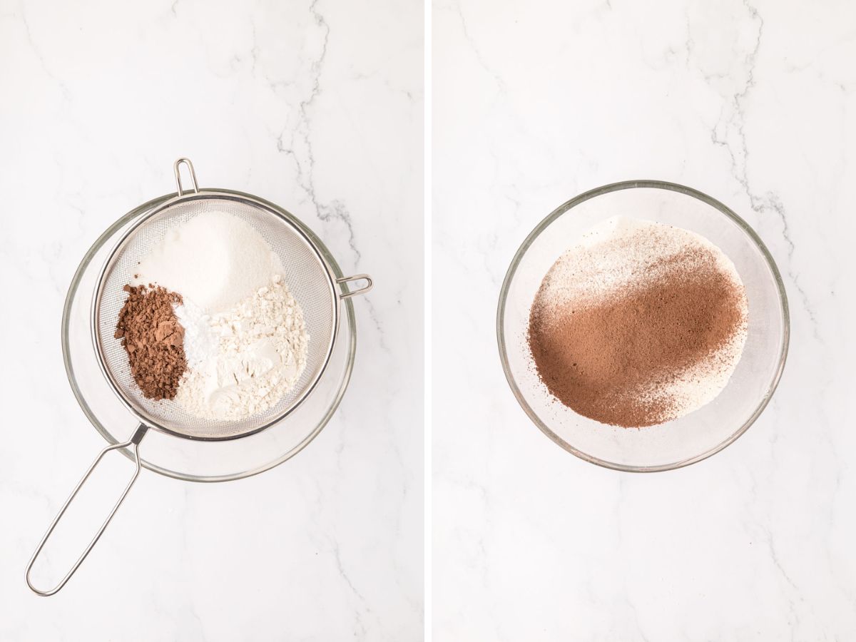 A side-by-side image, showing flower sugar and cocoa in a sifter, and then sift it into a glass bowl.