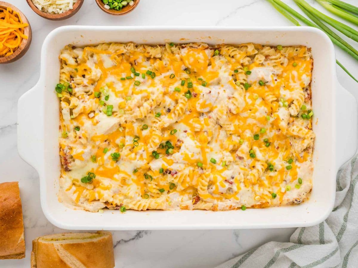 Overhead shot of crack chicken pasta casserole after it is baked.