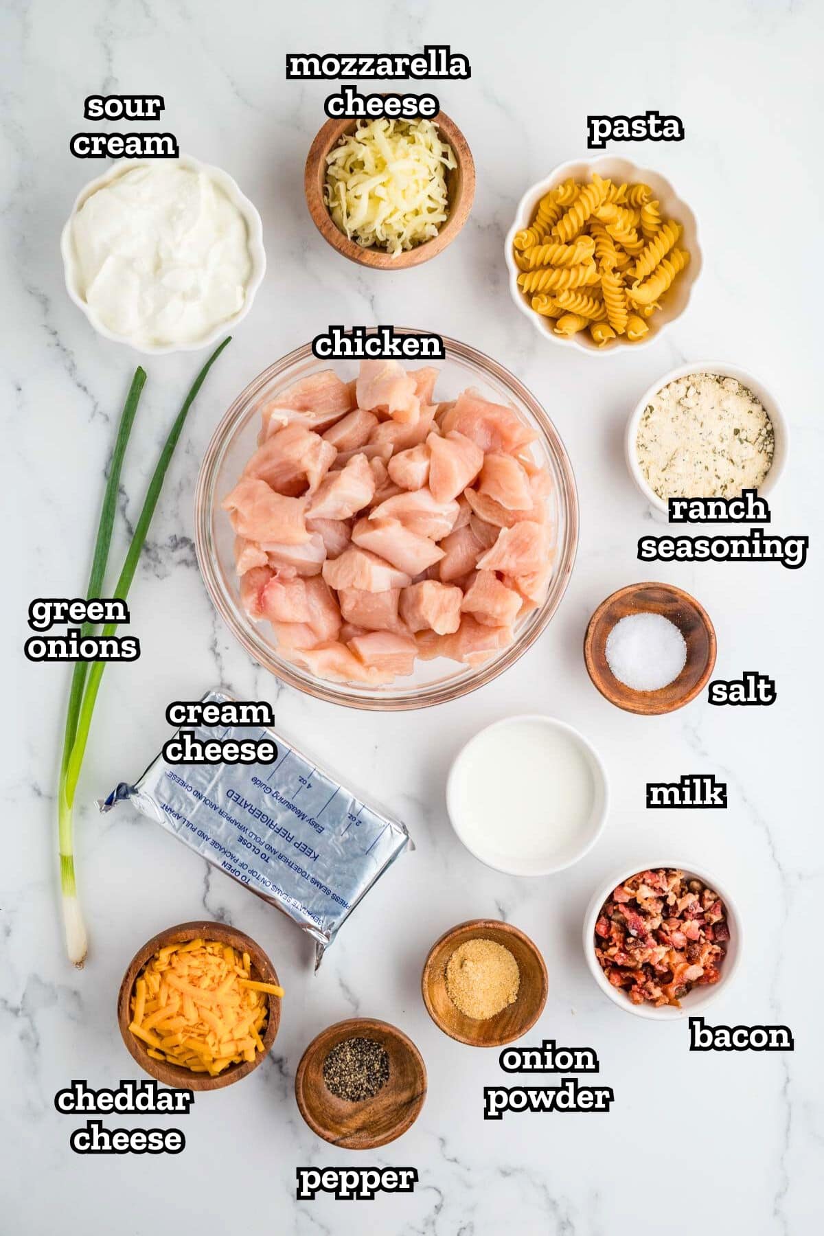 Ingredients needed for crack chicken casserole on a kitchen counter.