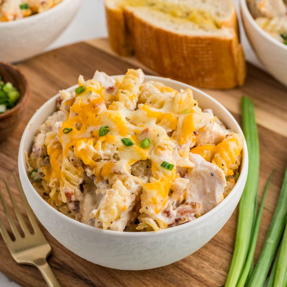 Crack chicken casserole served in a white bowl.