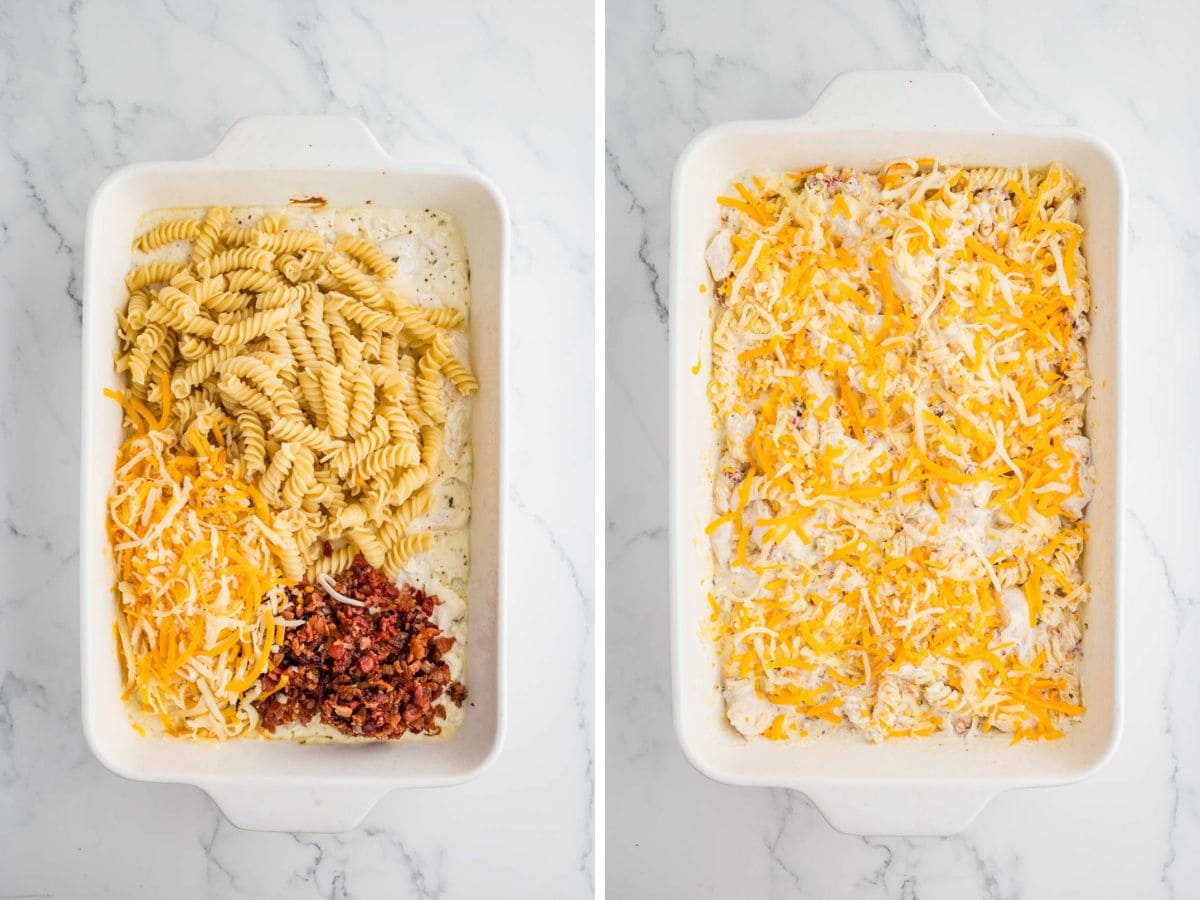 Side by side photos of adding ingredients to the baking dish and mixing.