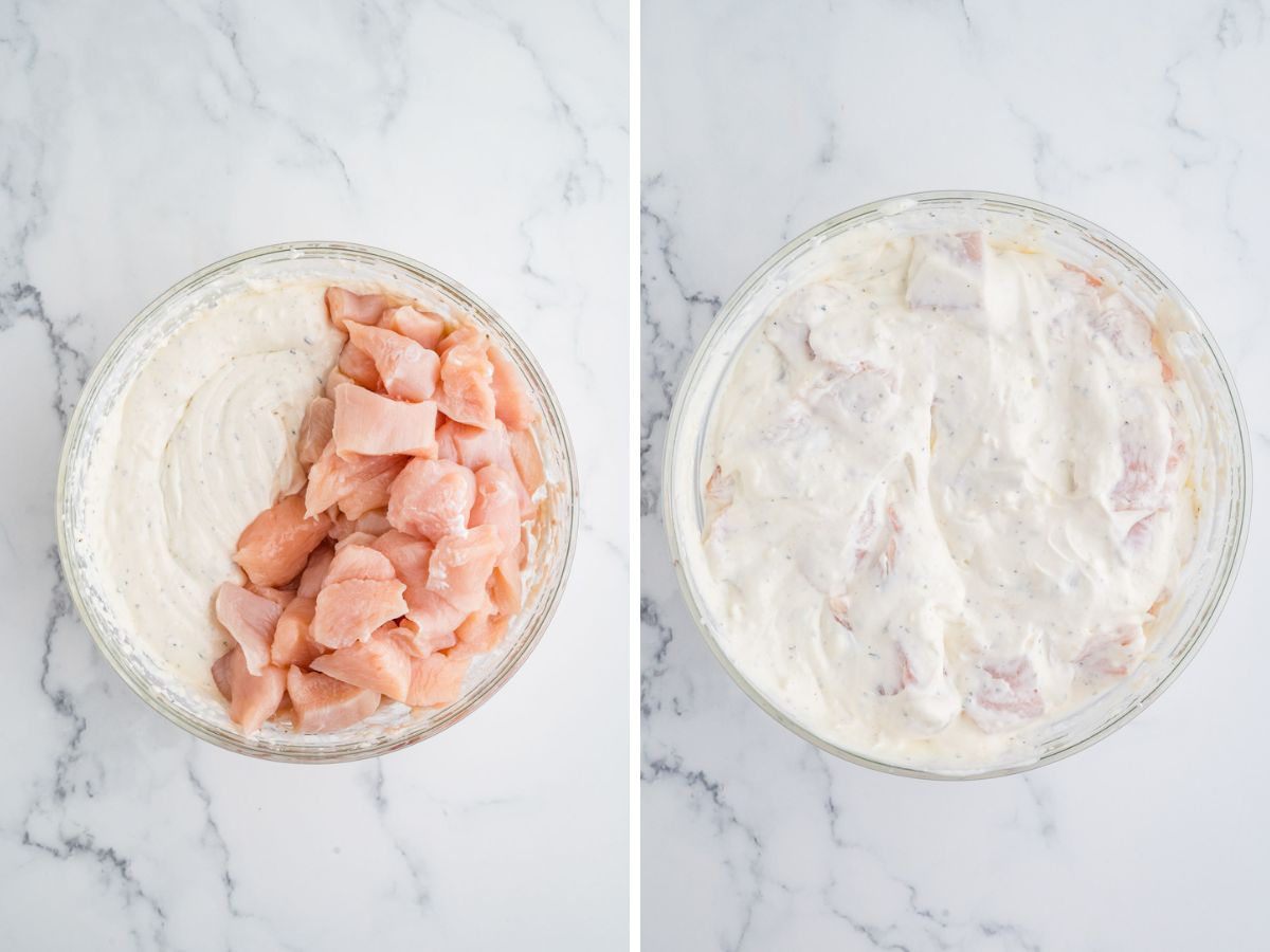 Side by side photos of combining raw chicken pieces with creamy mixture in a bowl.