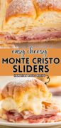 Easy cheesy Monte cristo sliders image revealing the dripping cheese inside and the slices of meat stacked high.