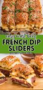 This is a 2 image collage of the easy roast beef French dip sliders on Hawaiian rolls.