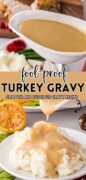 This is a two image collage of the turkey gravy pouring over potatoes.