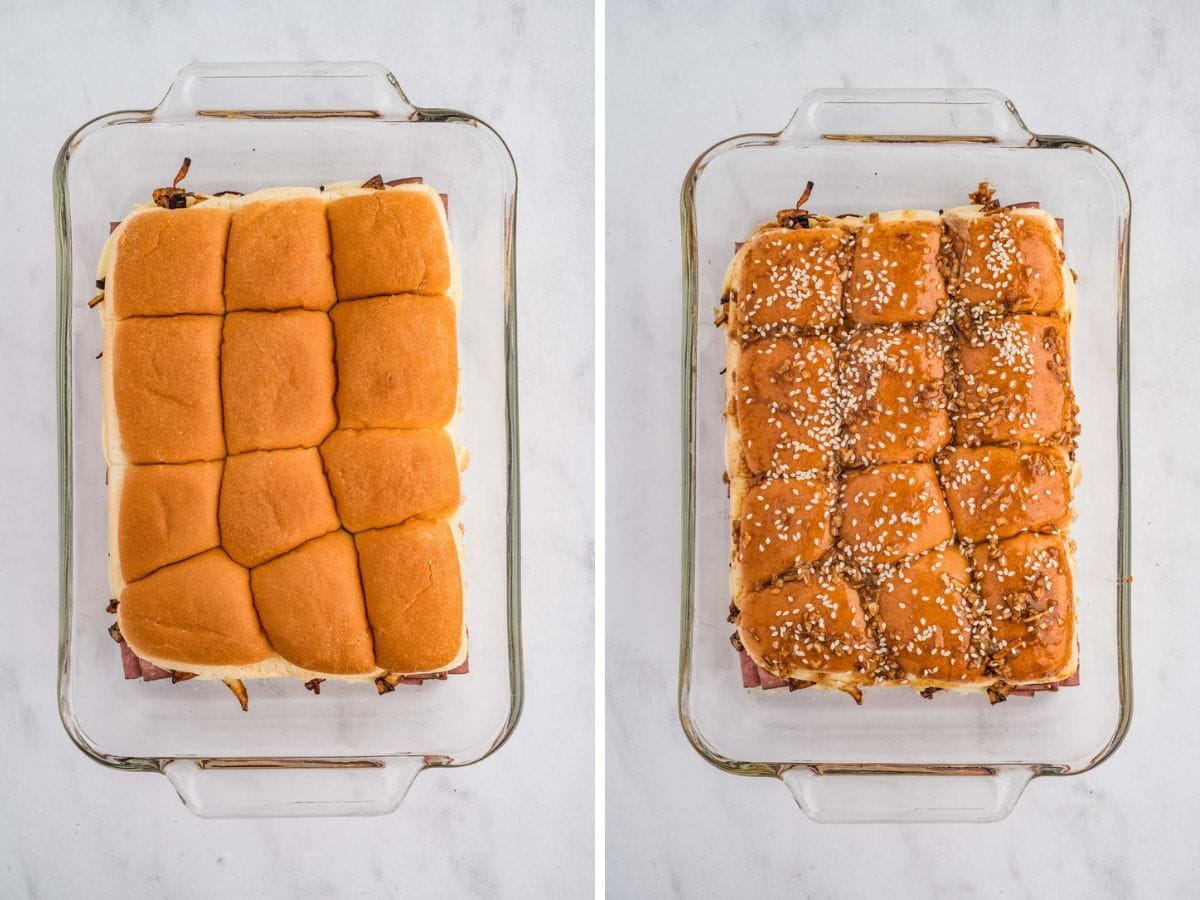 side by side shots of French dip sliders before and after brushing on the toppings.