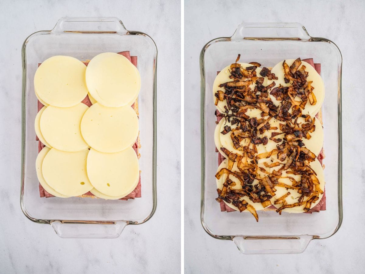 Side by side photos of assembling the french dip sliders with fillings.