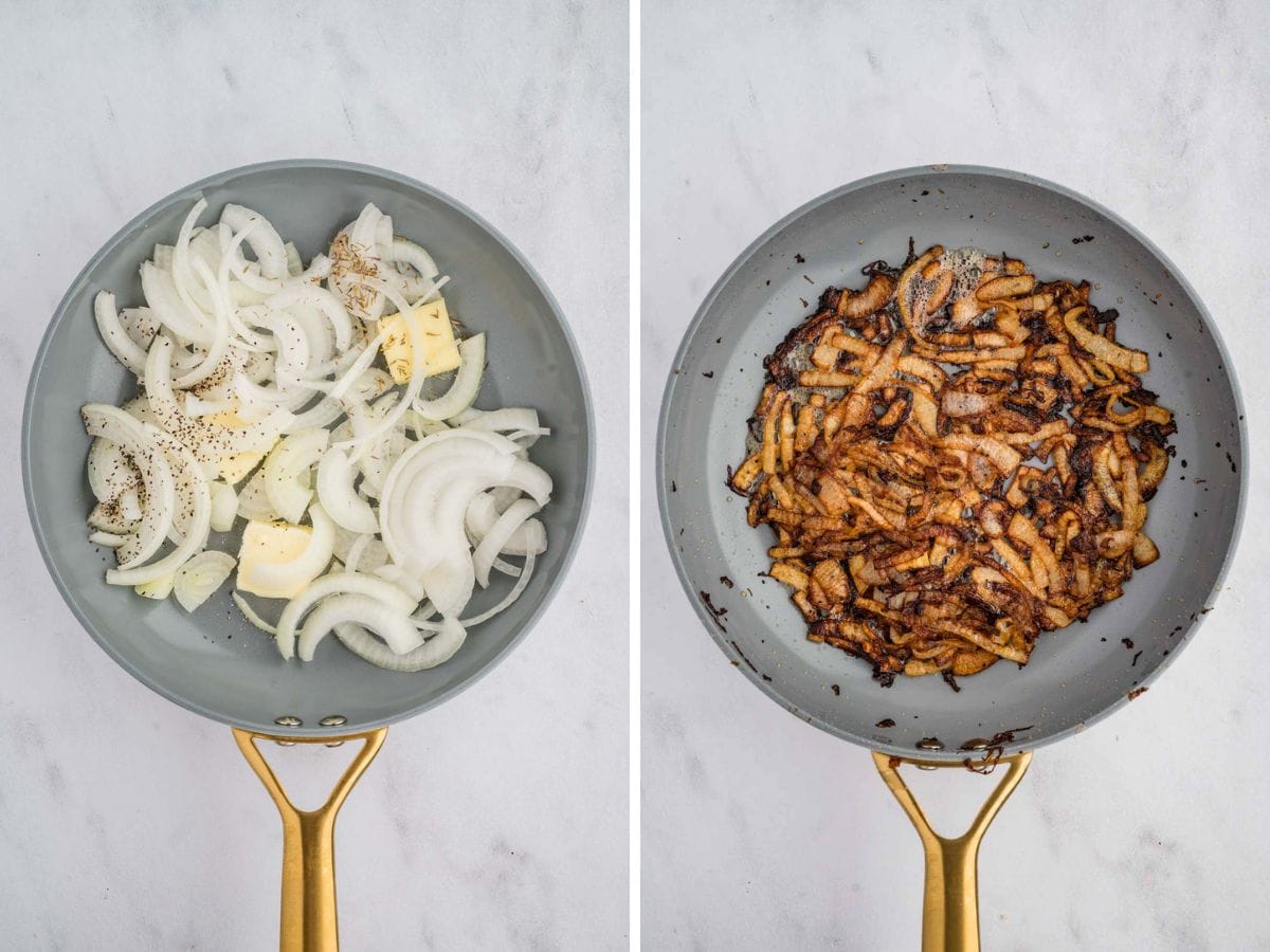 Side by side photos of the process of caramelizing onions in a skillet.