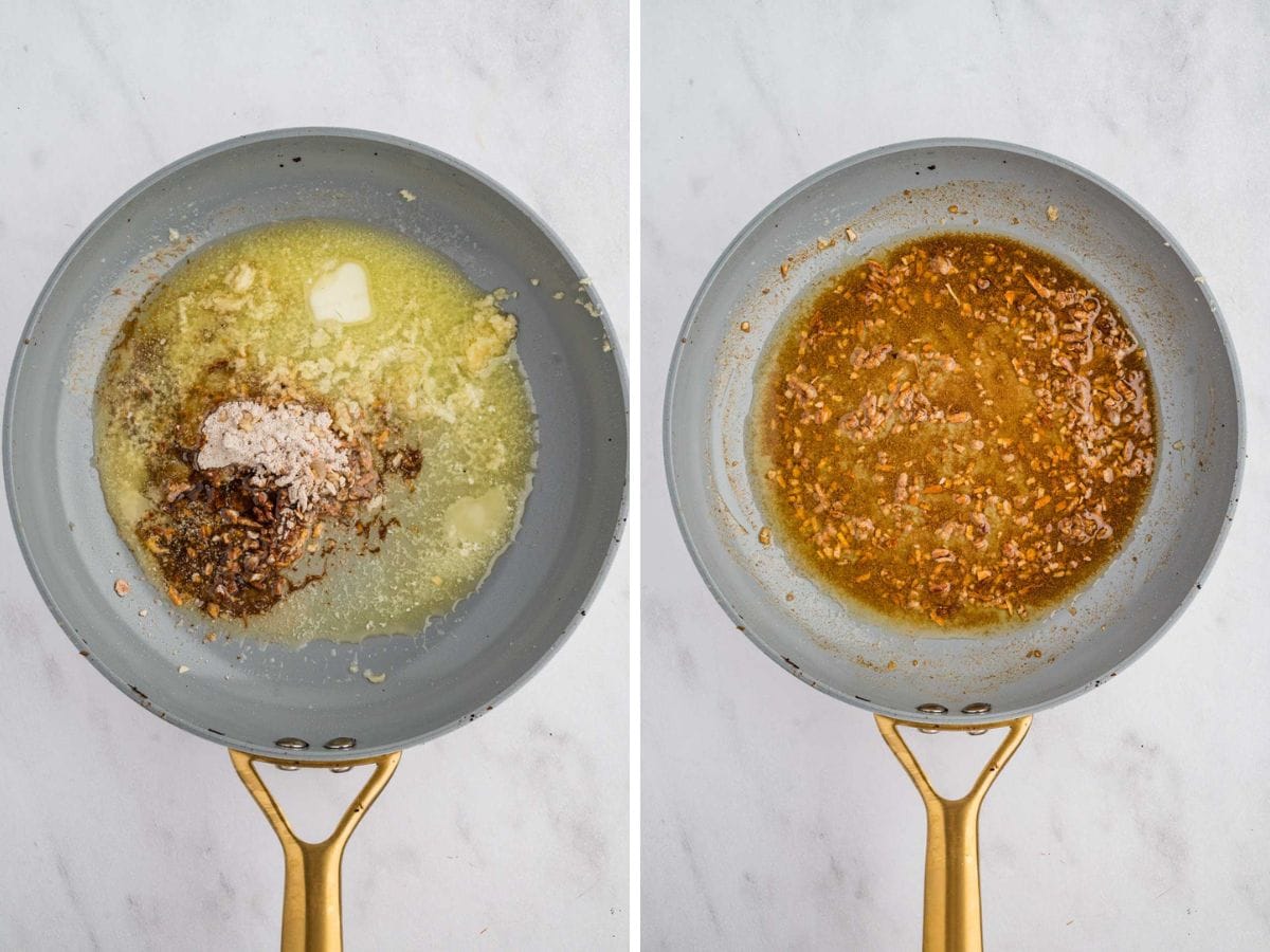 Side by side photos of making the French dip sauce in a skillet.