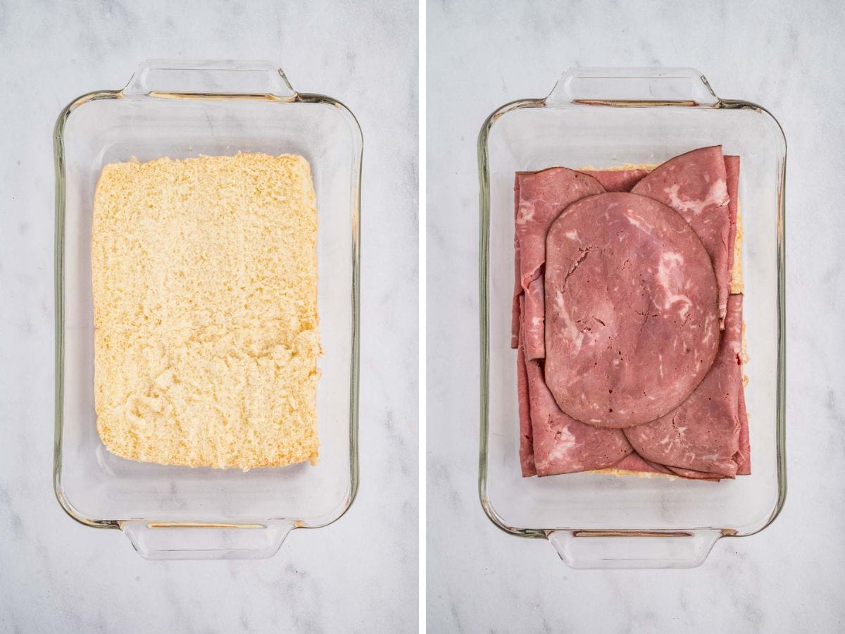 Side by side photos of assembling the French dip sliders with the bottom layer of bread and meat layer.