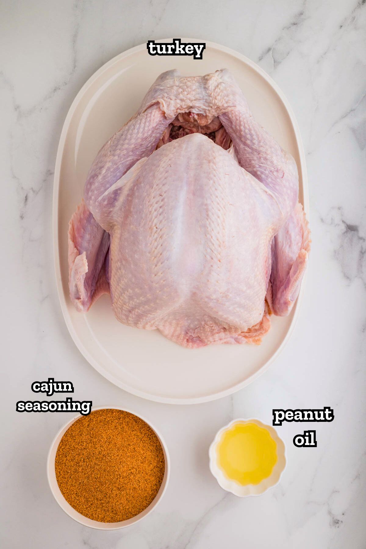 A labeled image of ingredients needed to make a fried turkey.