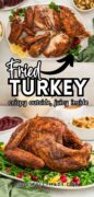 A 2 image collage features the turkey pieces on a platter and an image of the whole turkey to show the golden brown skin.