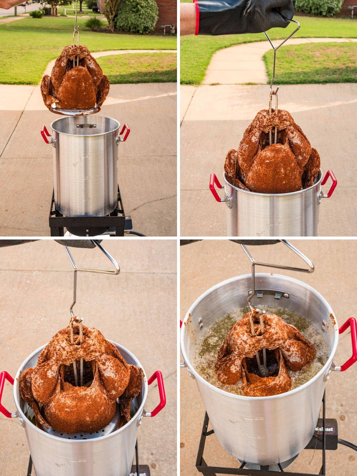 4 collage photo showing slowly lowering a seasoned turkey into a deep fryer full of peanut oil on a concrete carport outside.