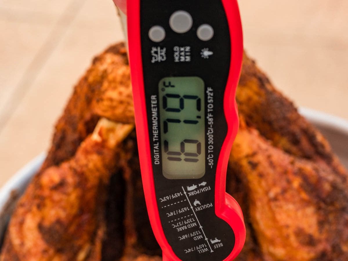 An instant read thermometer reading 167℉ to double check that a turkey is fully cooked.