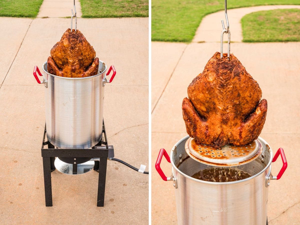 A side by side image showing a deep fried turkey removed from the fryer (one image far away and one up close).