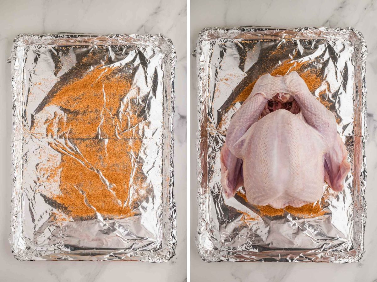 A side by side image of a foil line tray with cajun seasoning sprinkled on the bottom and then a whole turkey placed on top of the seasoning.