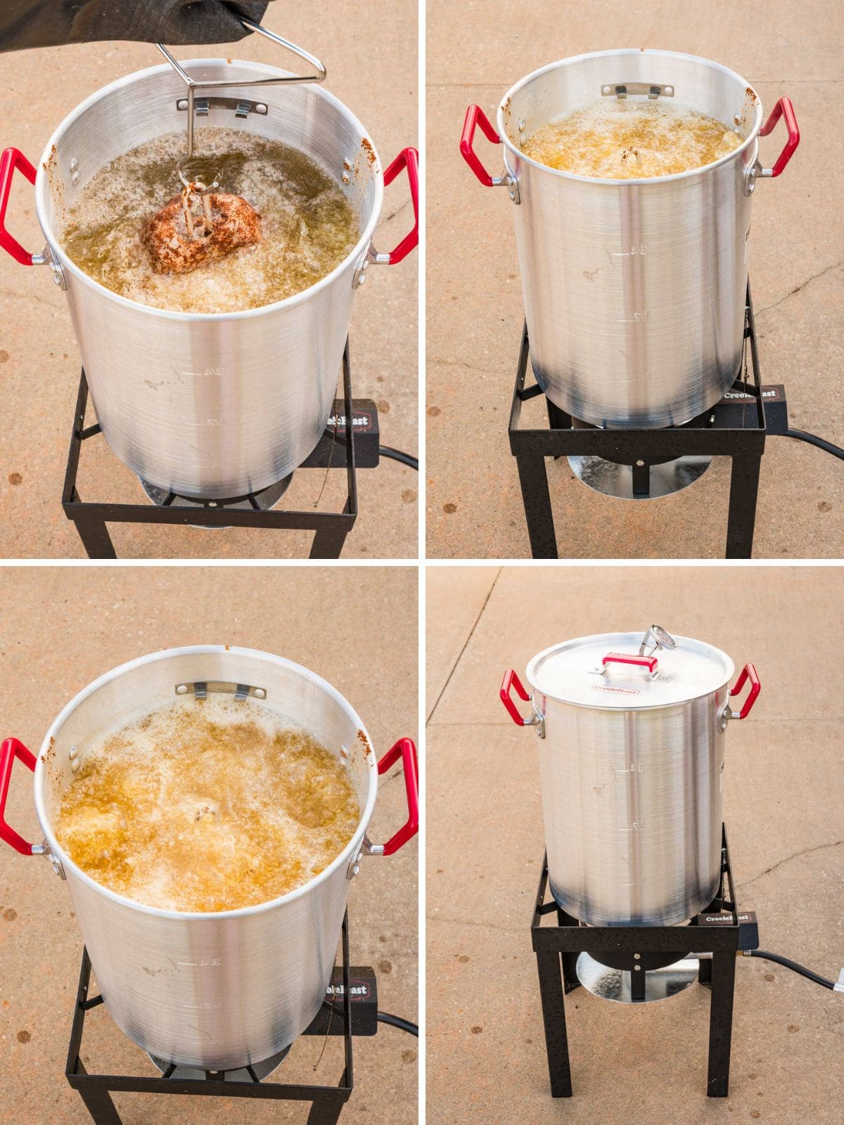 4 collage photo showing slowly lowering a seasoned turkey into a deep fryer as it goes deeper into the pot of oil and the lid is closed.