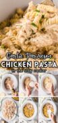 Pinterest image showing the slow cooker of garlic parmesan chicken and step by step process photos.