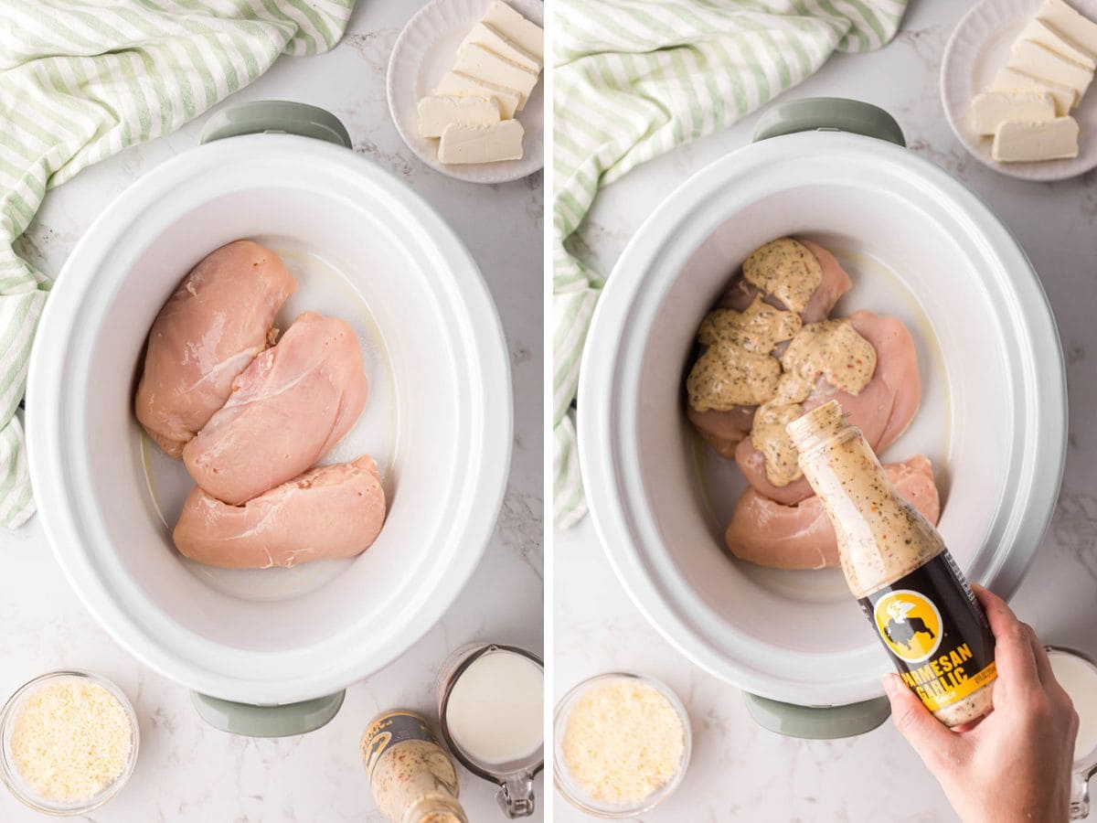 Side-by-side image of chicken breast laid in the bottom of a slow cooker and buffalo wild wings Parmesan garlic sauce being poured over top.