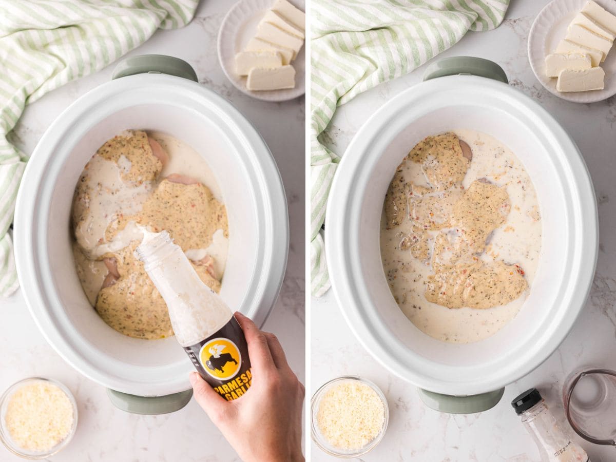 Side-by-side image of milk, added to the bottle of Parmesan sauce and poured over the chicken breast.