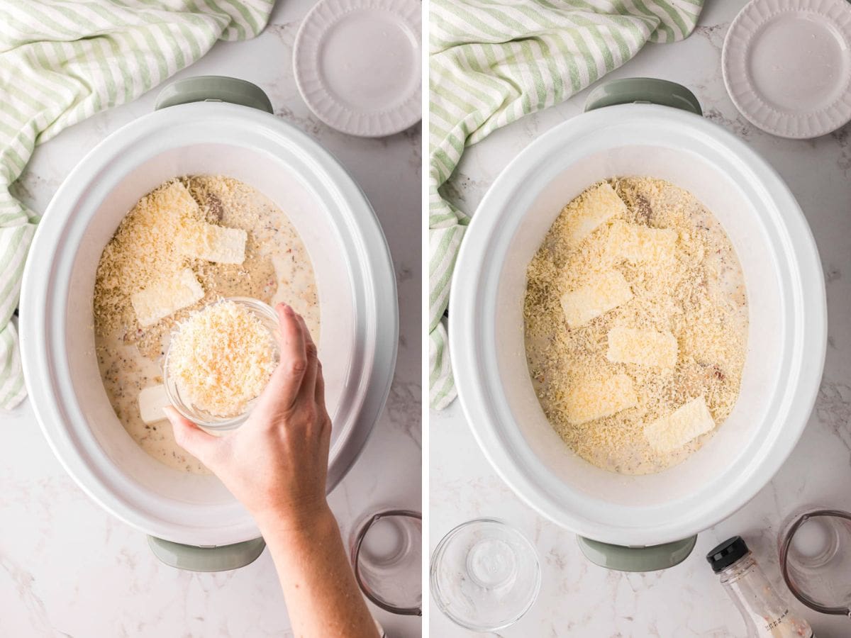 Side image showing hand pouring a bowl of Parmesan cheese to cover the mixture.