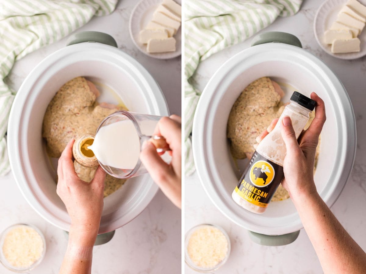 Side-by-side image pouring milk into a jar of buffalo wild wings, Parmesan garlic sauce, shaking it up to pour on top of chicken in the crockpot.