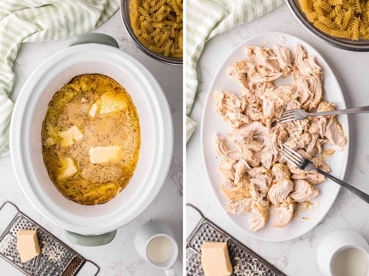 A side by image one of garlic chicken cooked in the crocked pot and then the chicken moved to a plate and shredding with 2 forks.