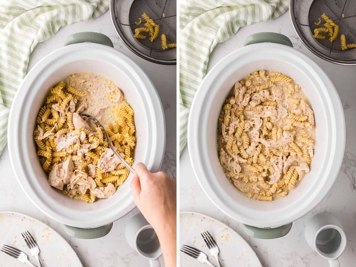 Side-by-side image showing string in shredded chicken and pasta to the Parmesan cheese mixture and then after it stirred in the crockpot.