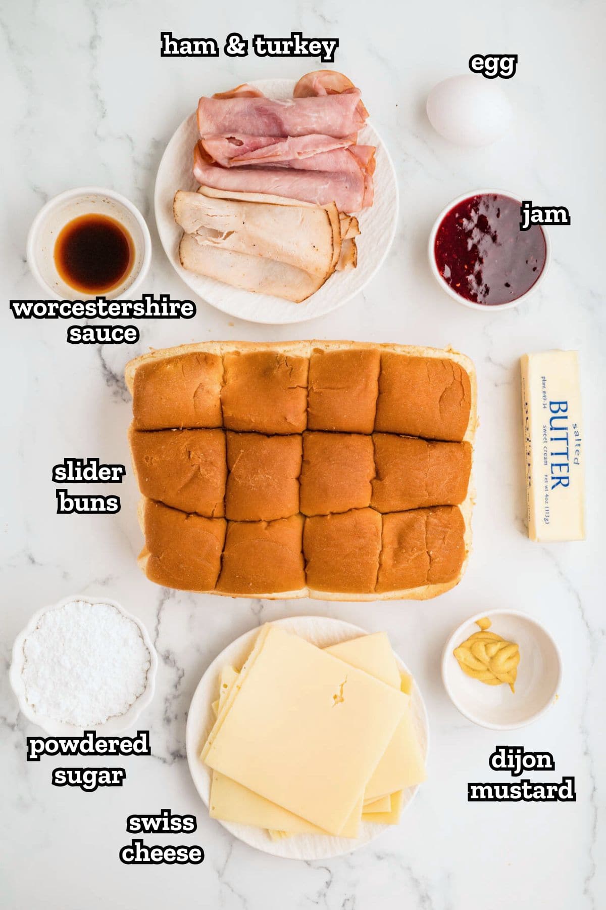 Ingredients needed for monte cristo sliders recipe.