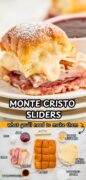 Monte cristo sliders image revealing the dripping cheese inside and the slices of meat stacked high with ingredients on the bottom.